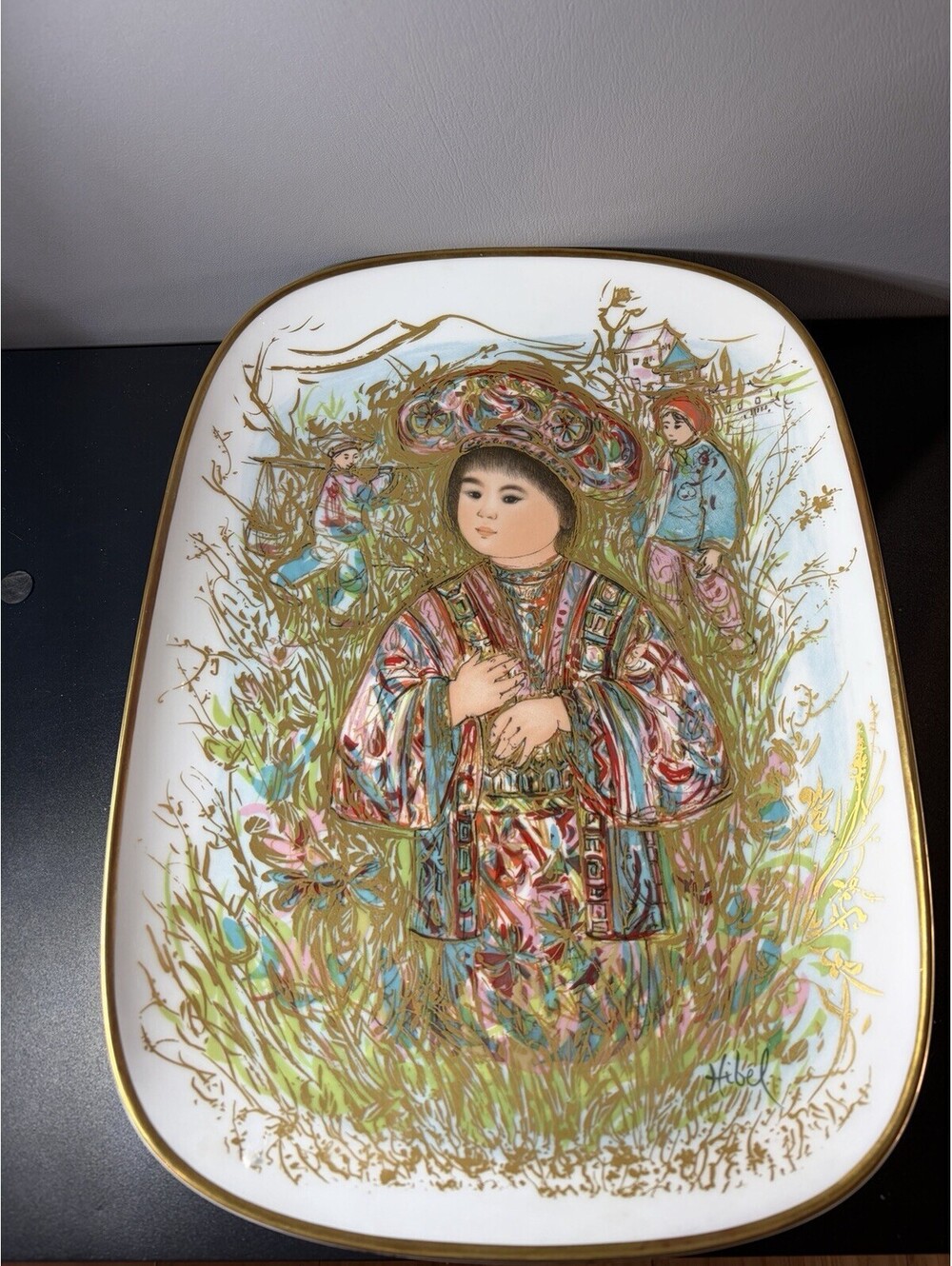 Edna Hibel Seconda “Arte Ovala” Taro-kun -Limited Edition Signed Platter W/ Gold